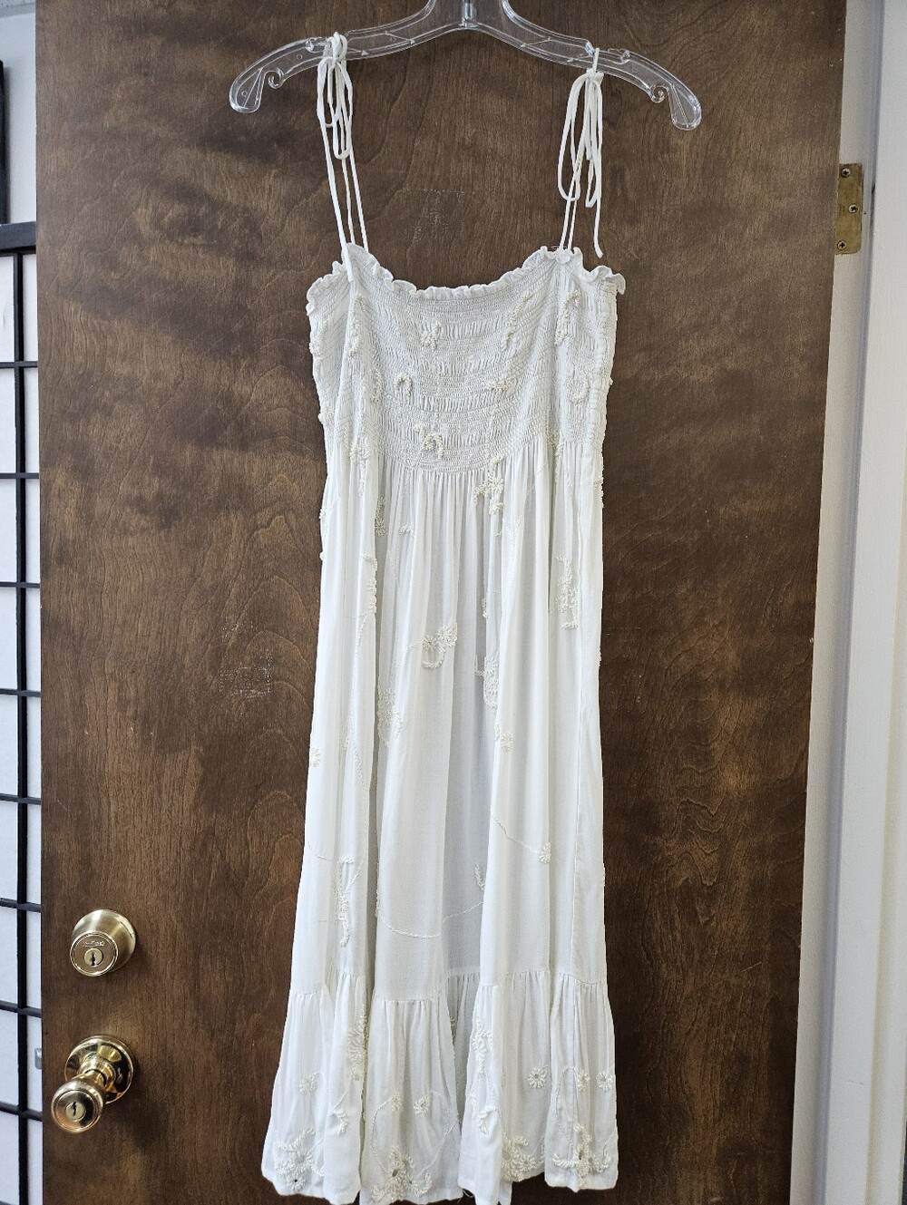 White Boho Tie-Strap Smocked Glass Beaded Dress Sz L